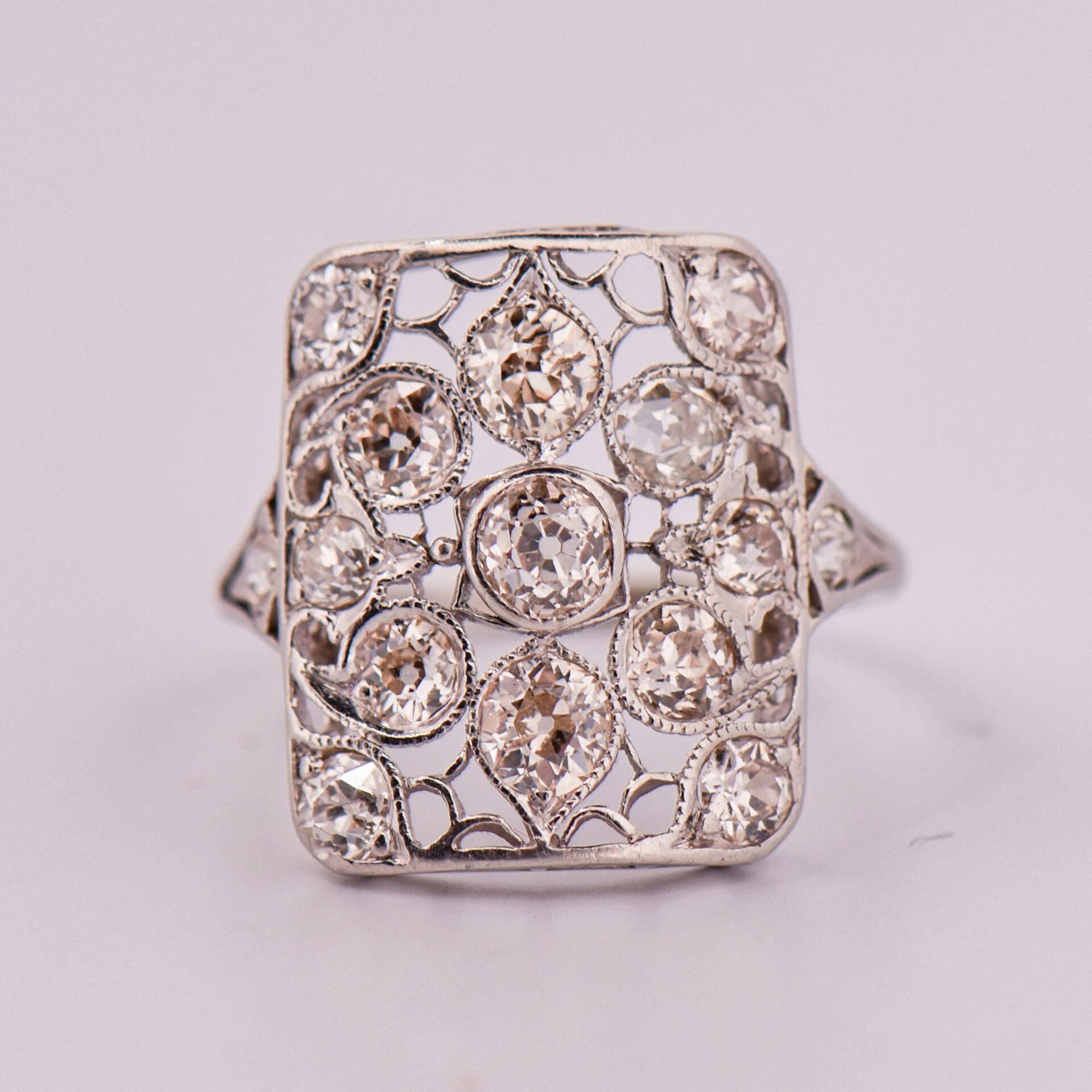 edwardian platinum and diamond rectangular filigree cluster ring 4