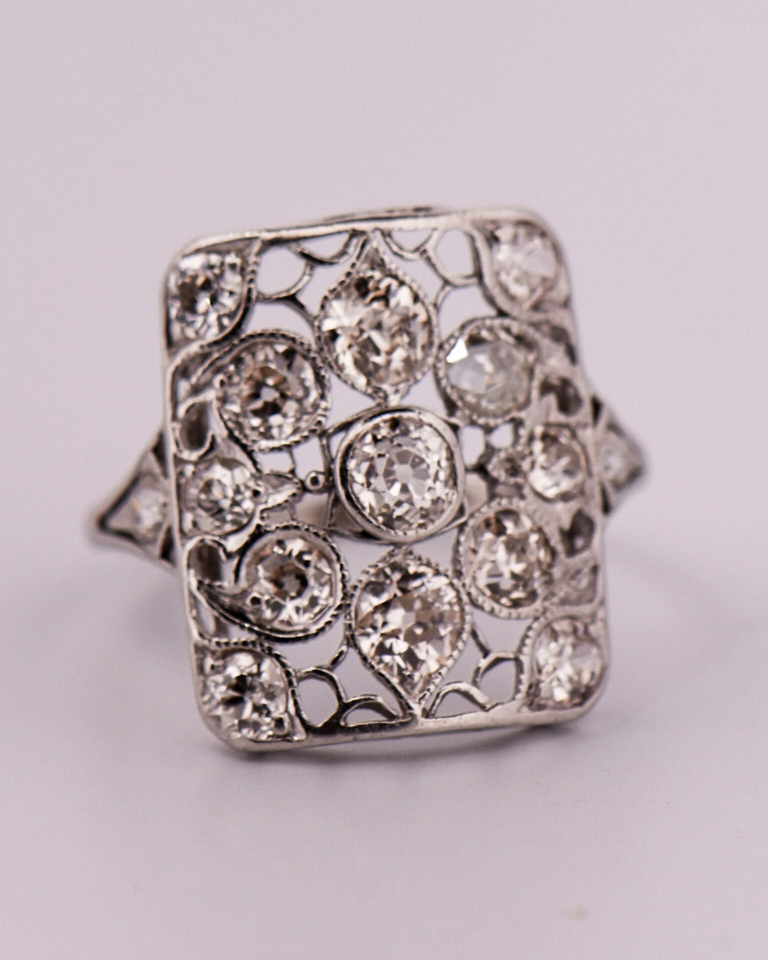edwardian platinum and diamond rectangular filigree cluster ring