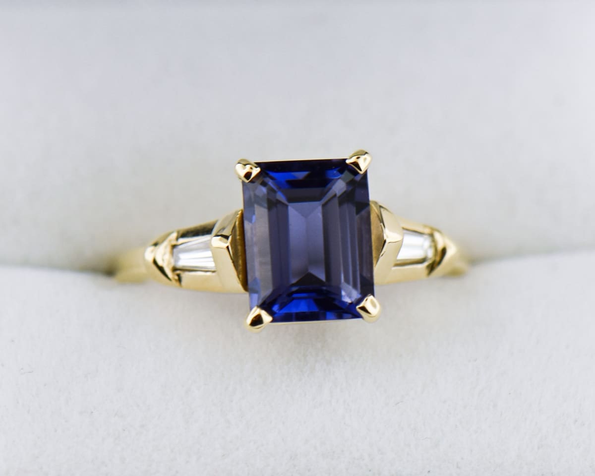 emerald cut iolite and bageutte diamond ring